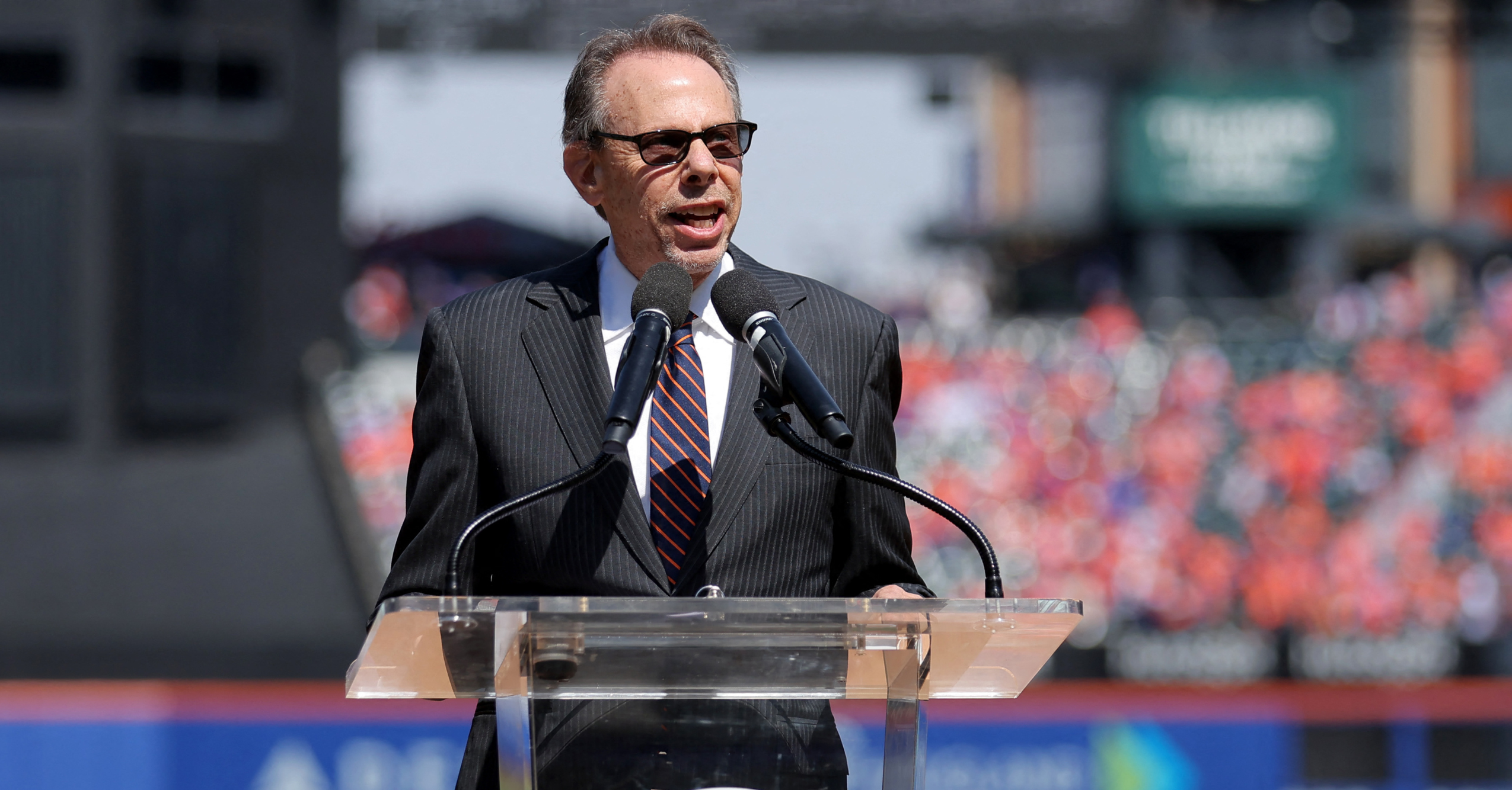 Mar 26, 2026; New York City, New York, USA; New York Mets radio announcer Howie Rose emcees opening day introductions before the game between the New York Mets and Pittsburgh Pirates at Citi Field. Mandatory Credit: Brad Penner-Imagn Images