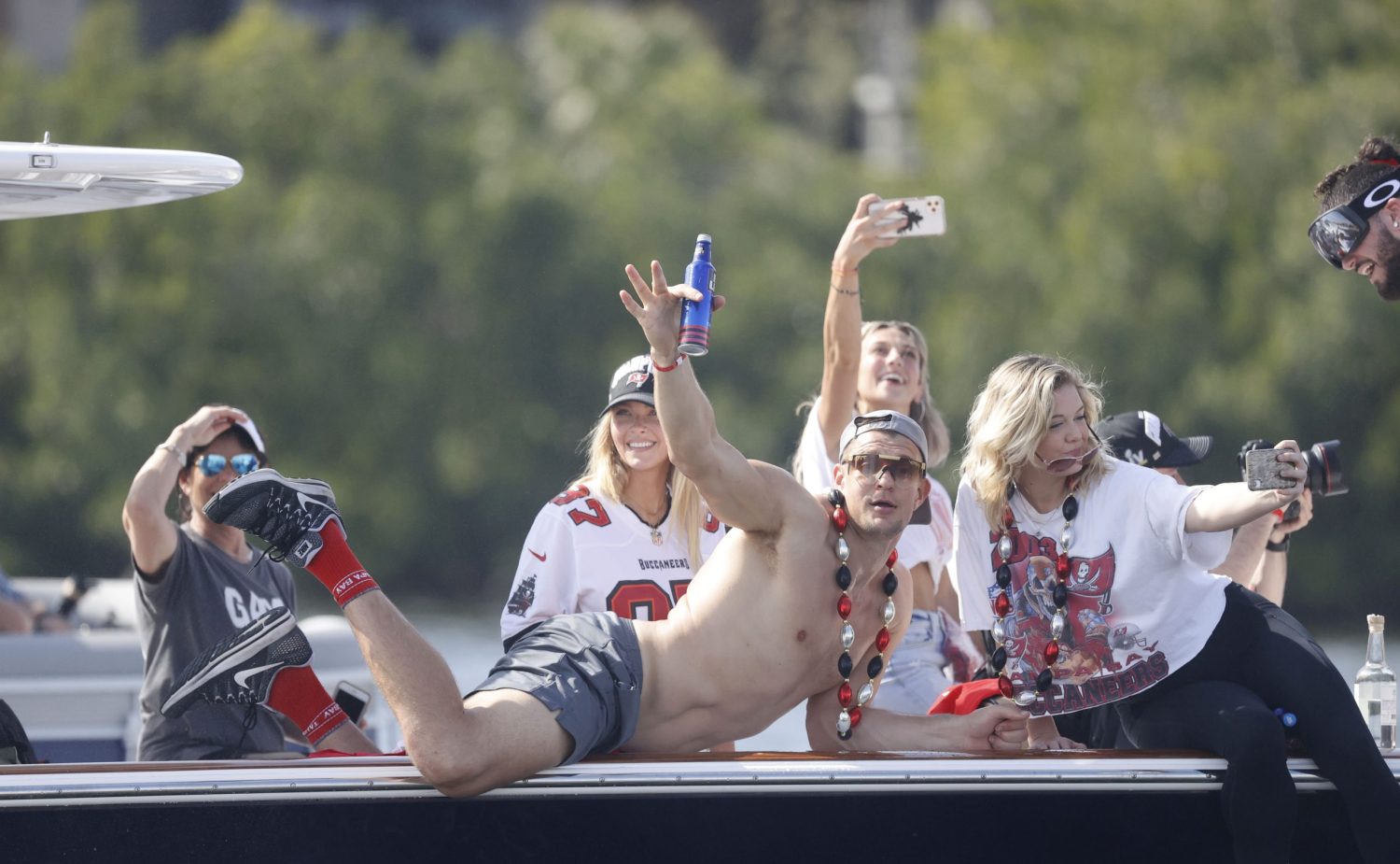 Feb 10, 2021; Tampa Bay, FL, USA; Tampa Bay Buccaneers tight end Rob Gronkowski during a boat parade to celebrate victory in Super Bowl LV against the Kansas City Chiefs.