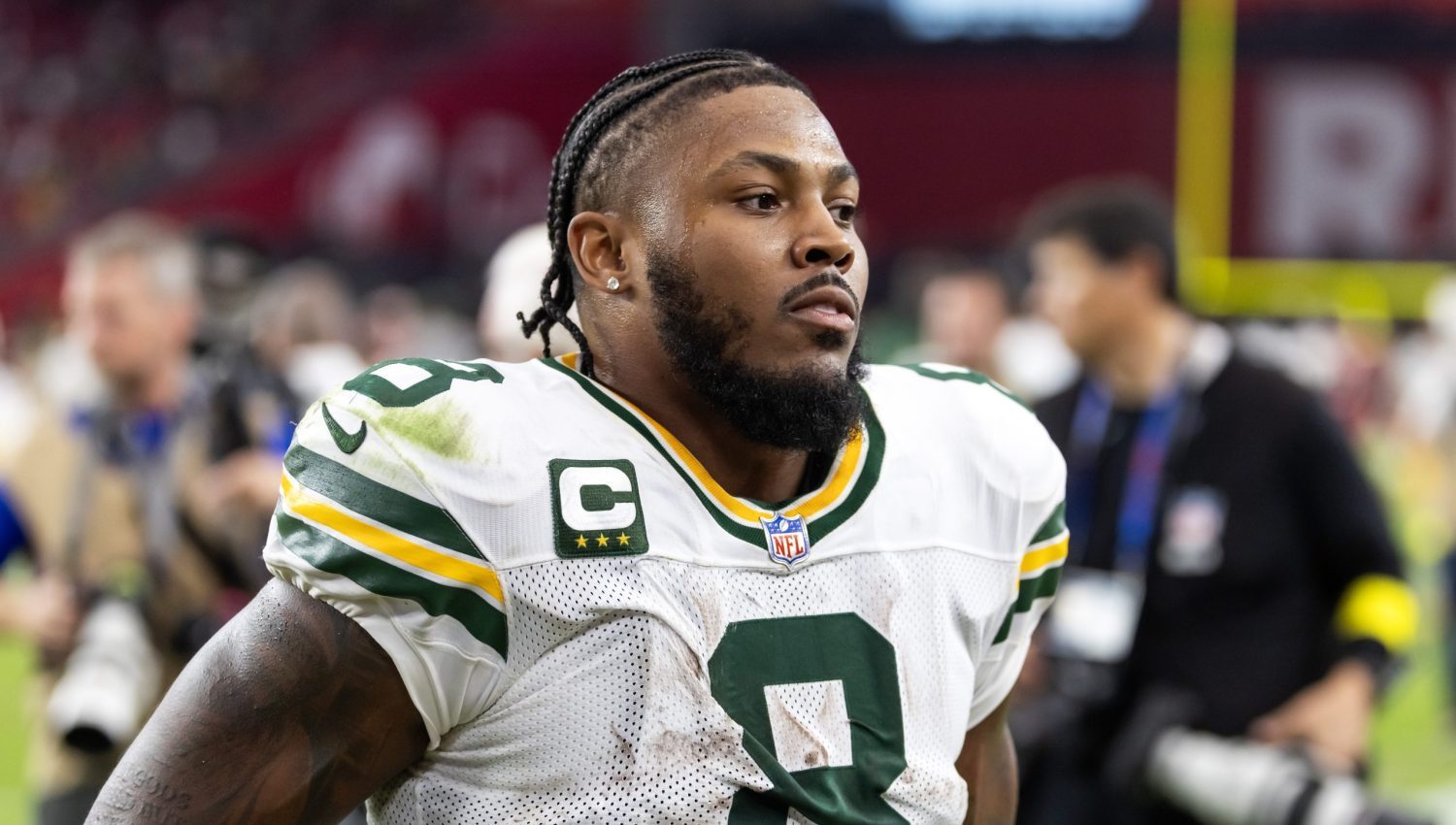 Oct 19, 2025; Glendale, Arizona, USA; Green Bay Packers running back Josh Jacobs (8) against the Arizona Cardinals at State Farm Stadium.
