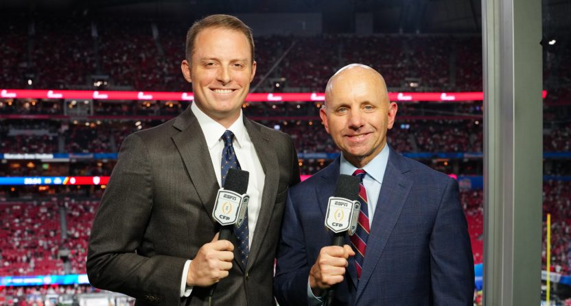 Sean McDonough (right) and Greg McElroy. (Photo courtesy of Phil Ellsworth / ESPN Images)