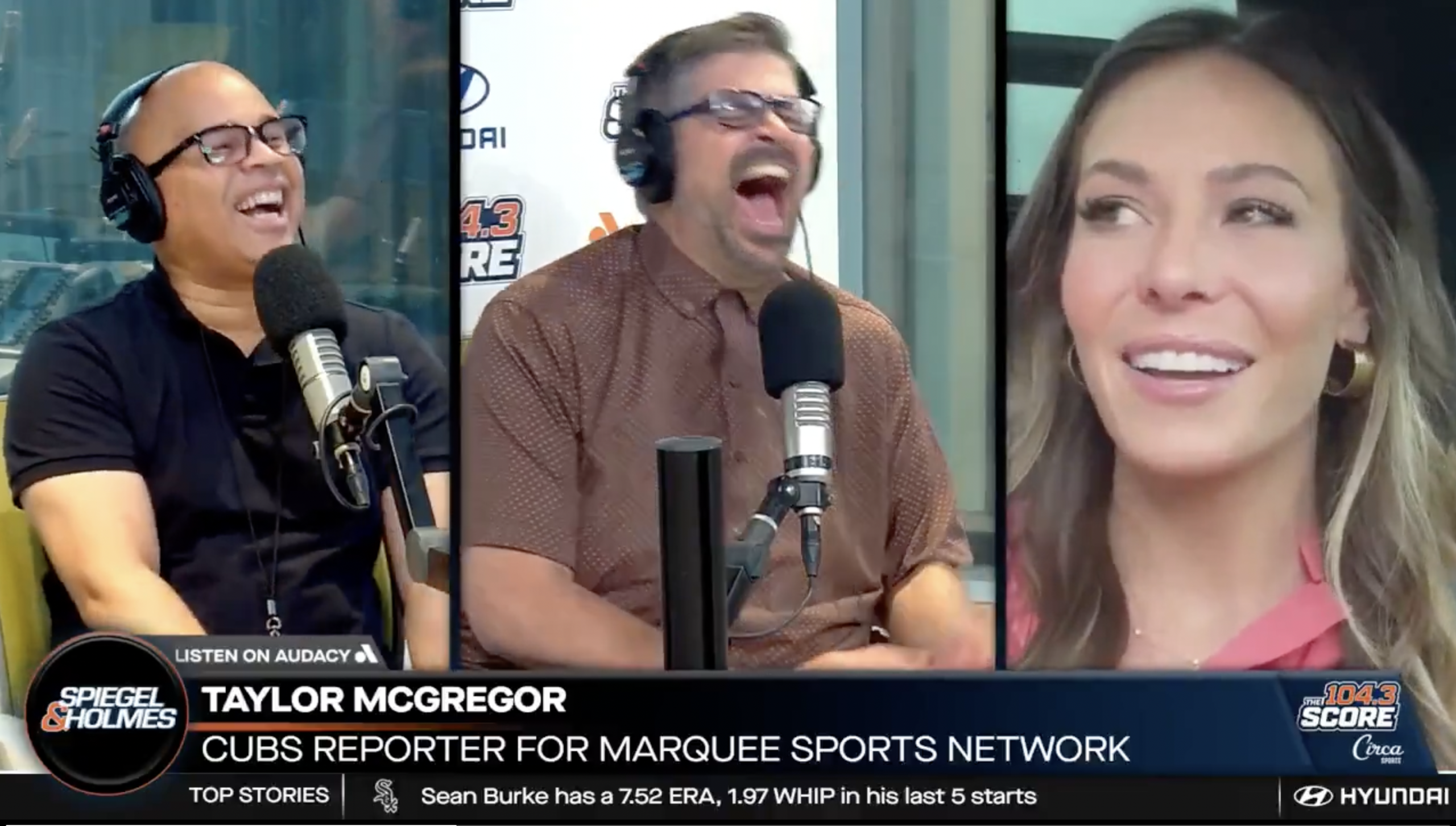 Taylor McGregor has a funny moment during her live radio hit on Chicago's 104.3 The Score. Credit: 104.3 The Score; Audacy