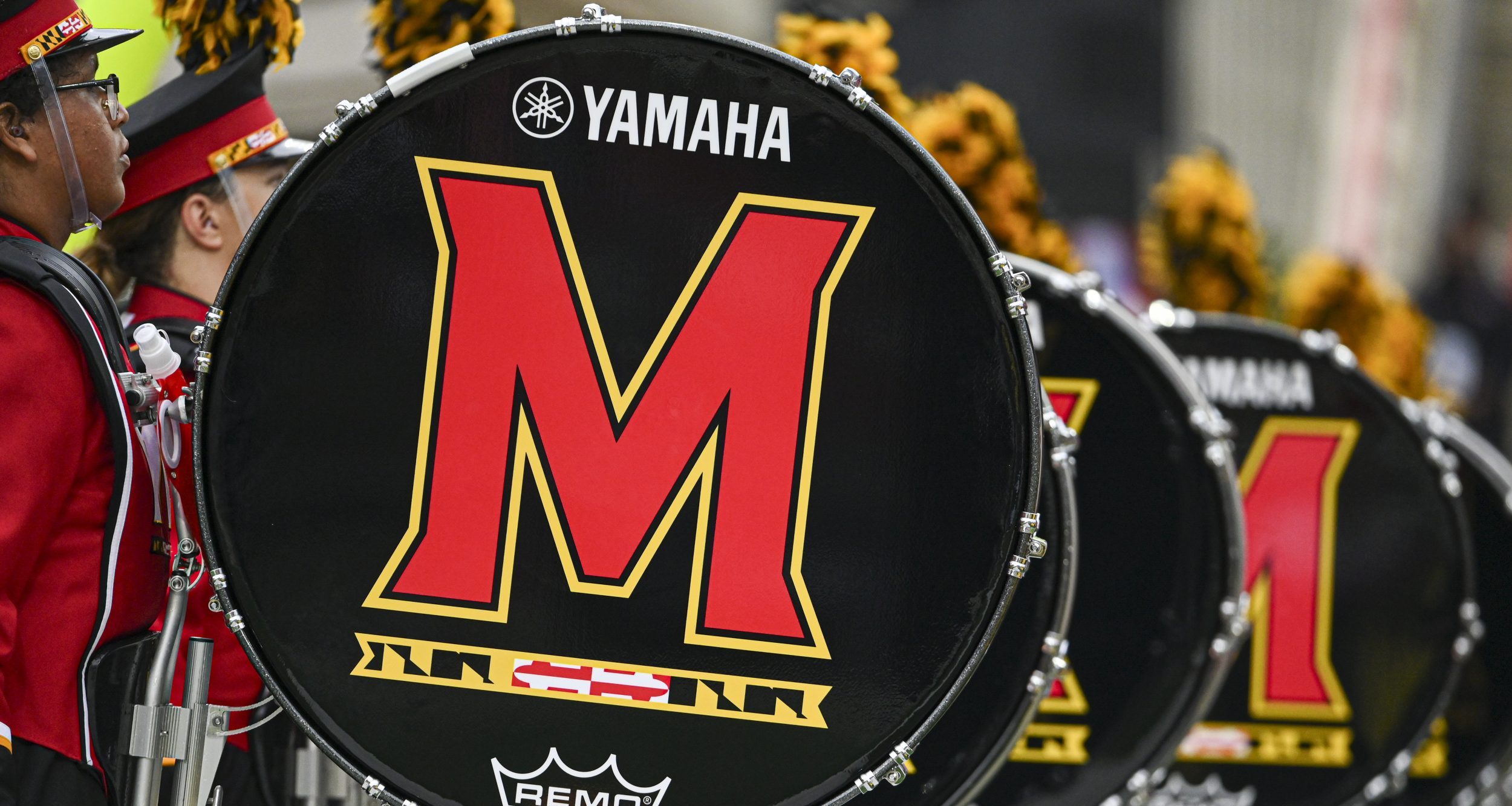 Maryland Terrapins drum line on the field before the game against the Michigan State Spartansat SECU Stadium.
