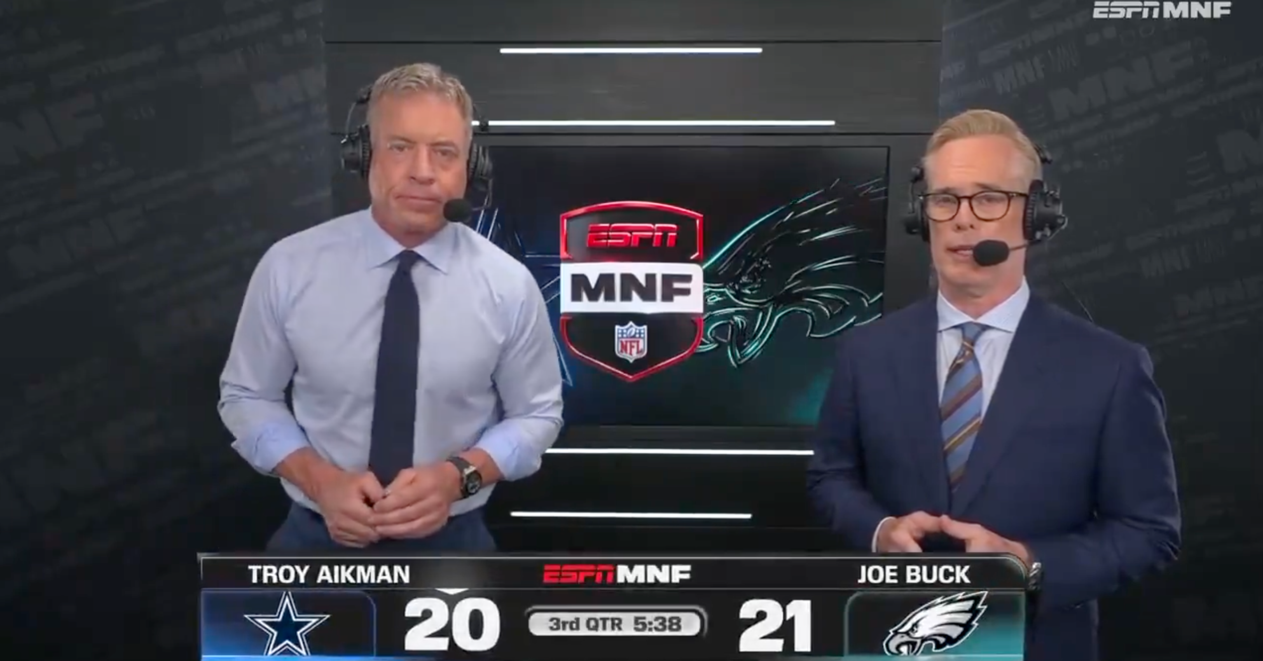 Troy Aikman (left) and Joe Buck (right) on the set of Monday Night Football on Monday, Oct. 26.