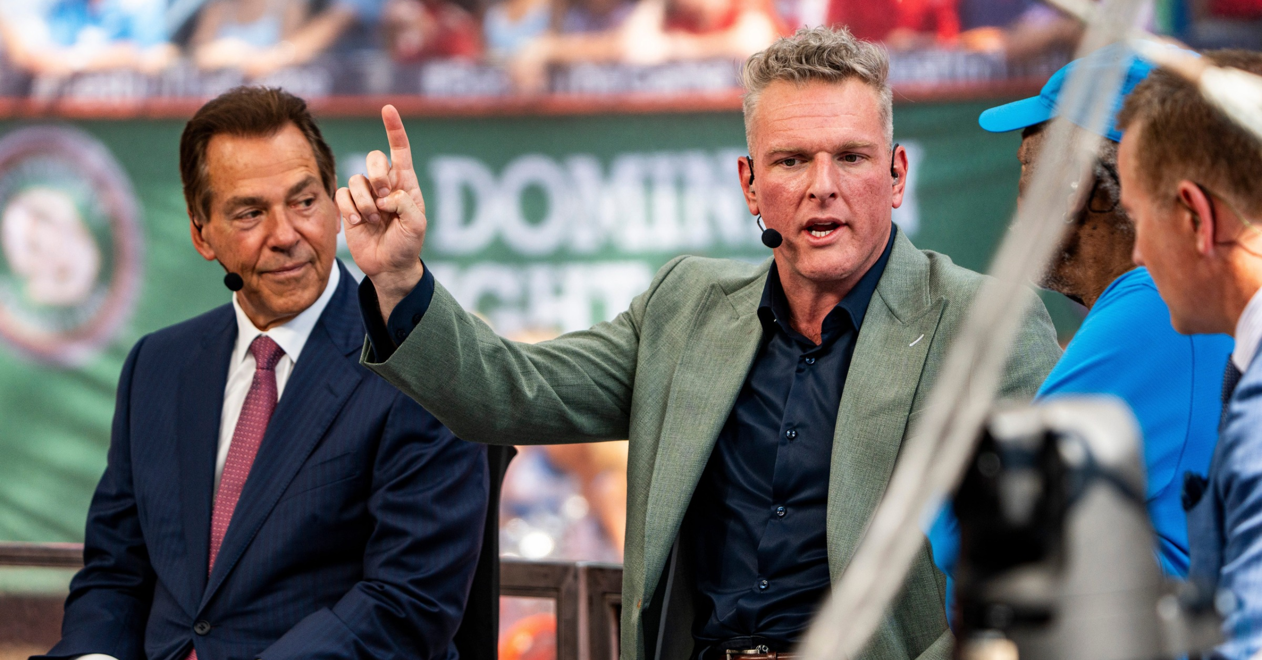 Pat McAfee speaks while delivering picks during ESPN’s College GameDay at The Grove in Oxford, Miss., on Saturday, Sept. 19, 2026. The GameDay visit for the Ole Miss-LSU game marks the return of head coach Lane Kiffin since leaving Ole Miss.