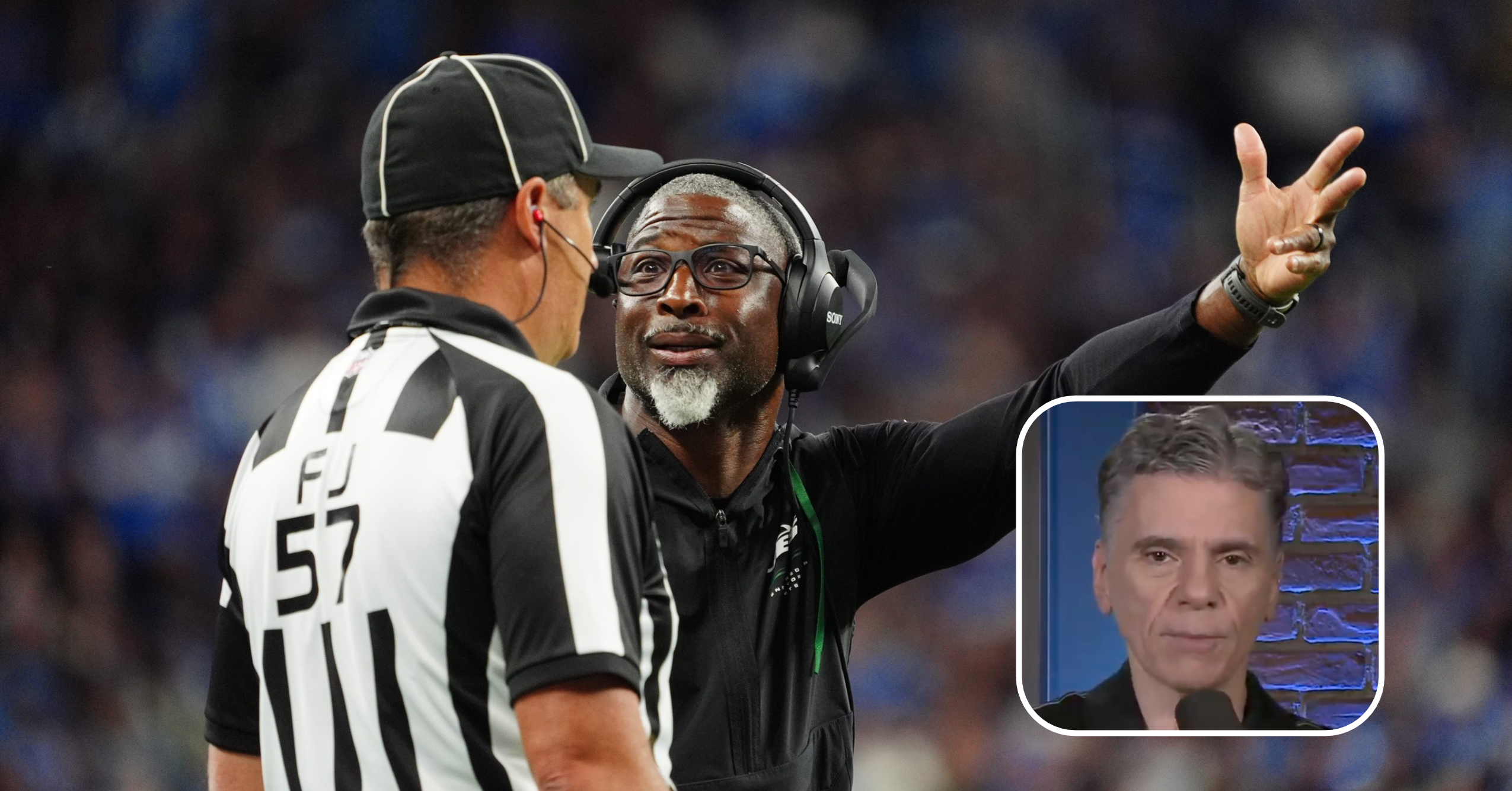 Aaron Glenn argues a call, Mike Florio.